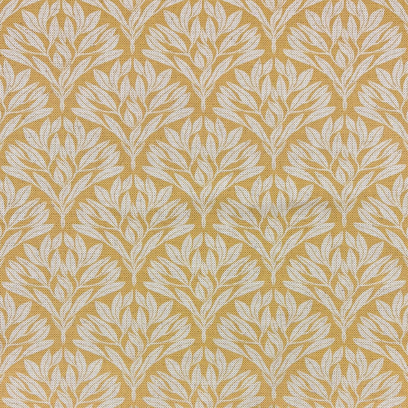 Driftwood Leaf Ochre Upholstery Fabric – Warm yellow leaf fabric for sofas and chairs.