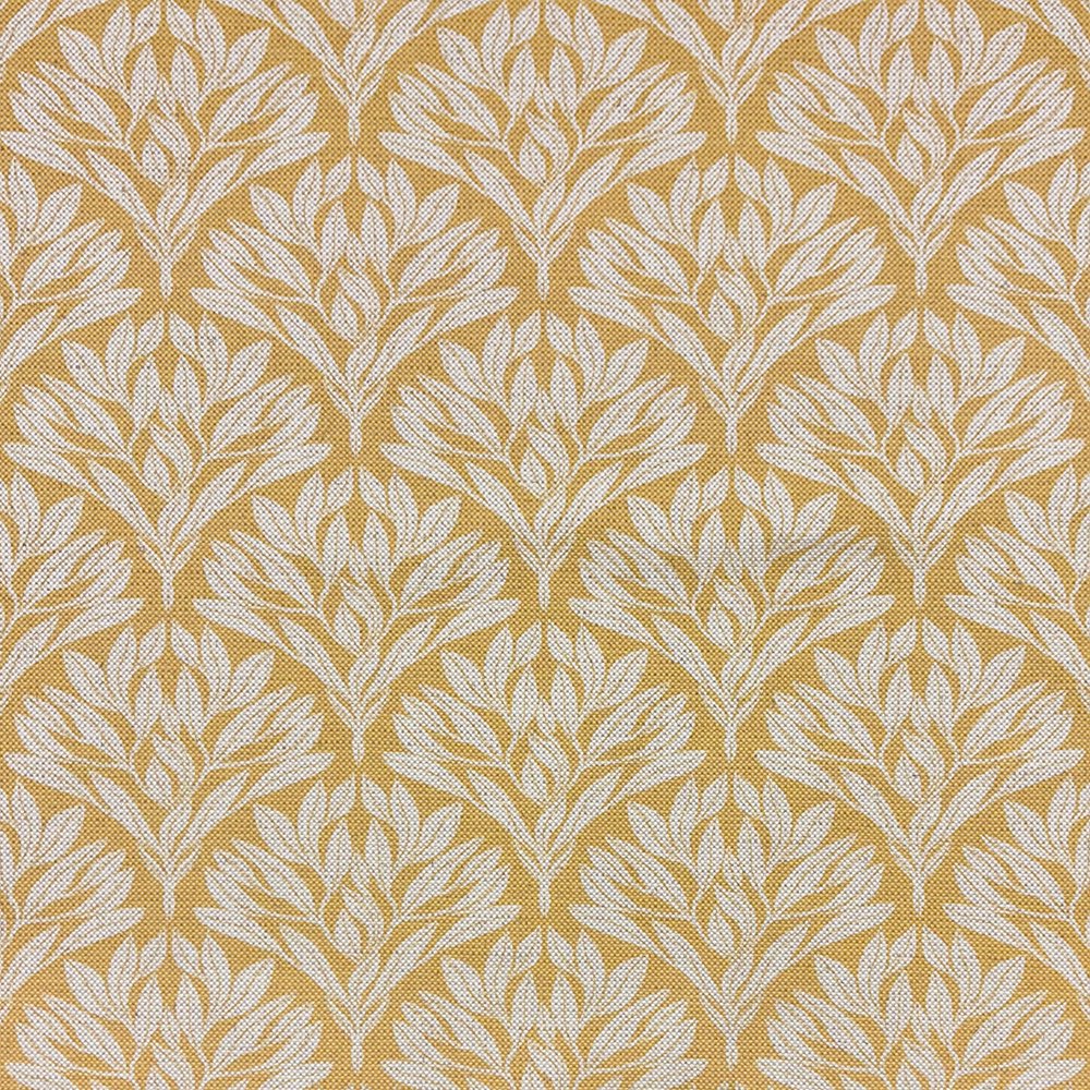 Driftwood Leaf Ochre Upholstery Fabric – Warm yellow leaf fabric for sofas and chairs.