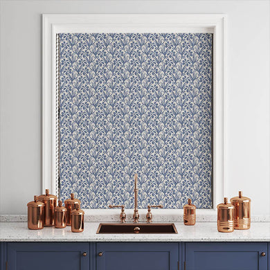 Beautifully draped Duloe Cotton Curtain Fabric in Blue, creating a chic and sophisticated window treatment
