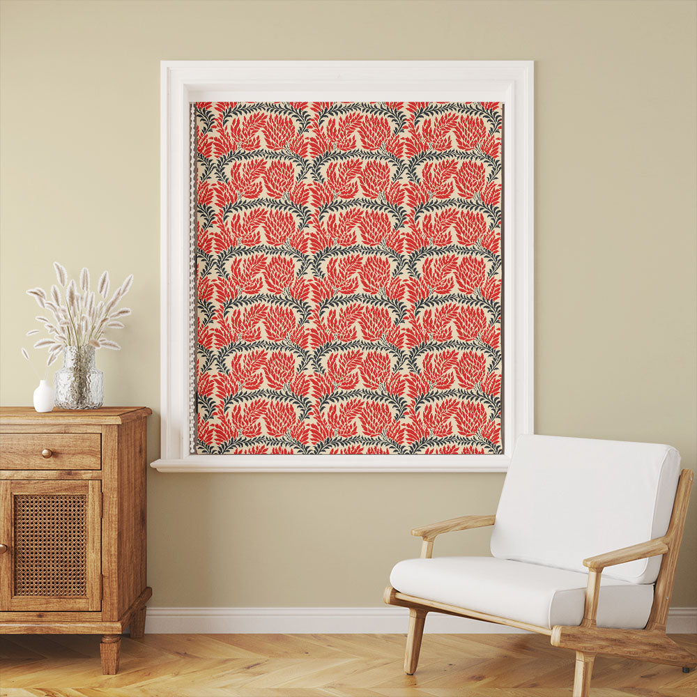 Eastbury Linen Curtain Fabric in Red hanging in a well-lit room, creating a cozy atmosphere
