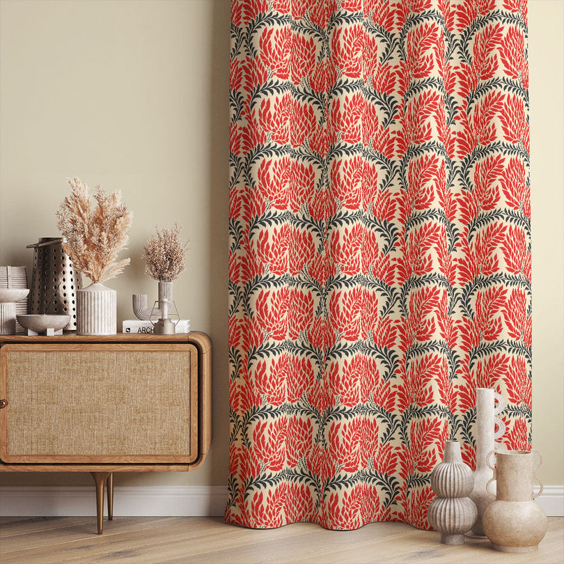Eastbury Linen Curtain Fabric in Red draping gracefully, adding a touch of luxury to the space