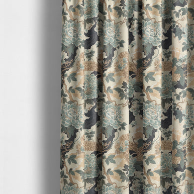 Edo Duck Egg Linen Curtain Fabric styled as curtains with Japanese floral and dragon design