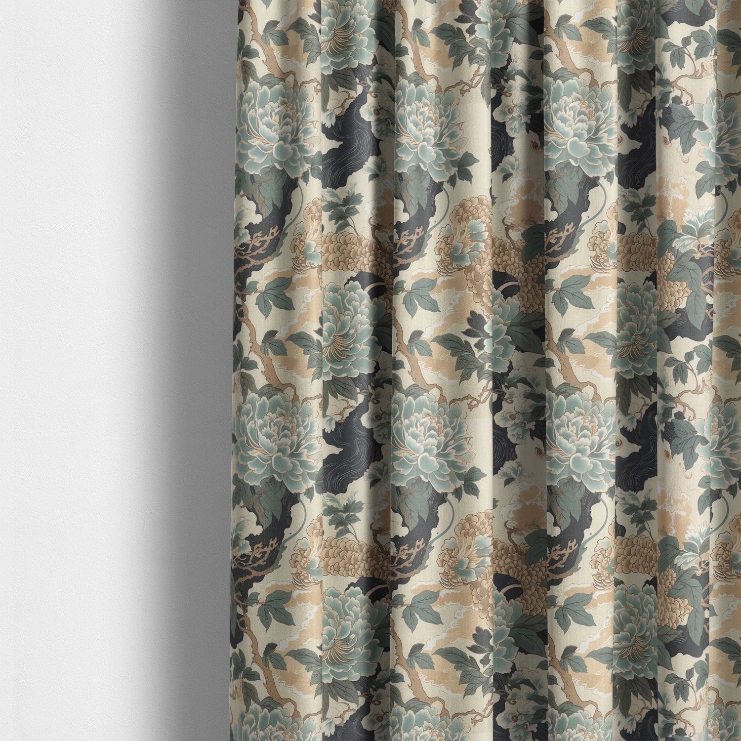 Edo Duck Egg Linen Curtain Fabric styled as curtains with Japanese floral and dragon design