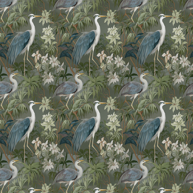 Ellesmere Heron velvet upholstery fabric in forest green with heron and foliage print – flat fabric detail
