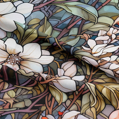 High-quality linen fabric featuring a vibrant and colorful enchanted forest design