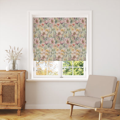 Romantic English Garden Blush patterned curtain fabric on linen union basecloth