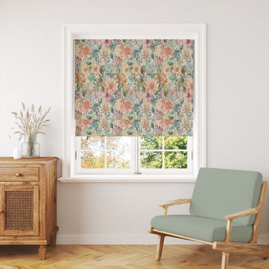 English Garden Green floral linen curtain fabric with peach and orange flowers