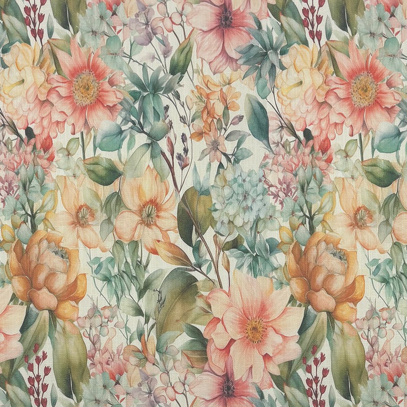 Close-up of English Garden Green patterned curtain fabric on linen union basecloth