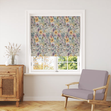 English Garden Lilac floral linen curtain fabric with purple and yellow flowers