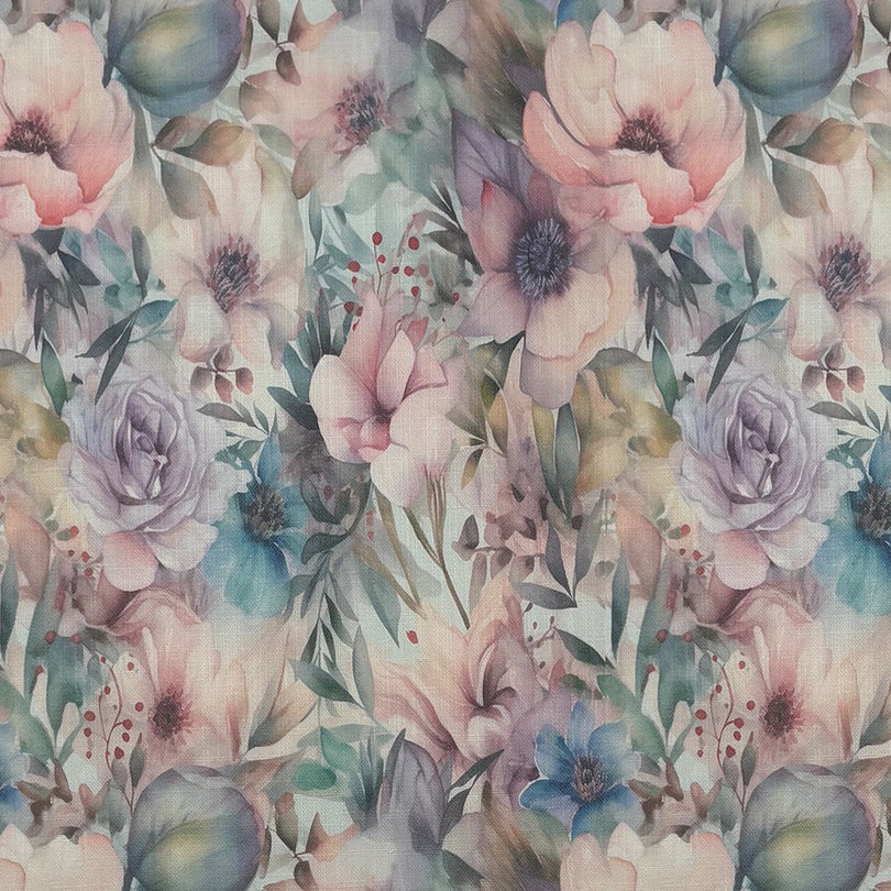 Flat image of English Garden Mauve curtain fabric with watercolor-style flowers