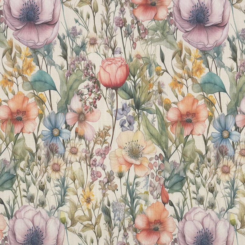 English Garden Multi floral linen curtain fabric with meadow flower design