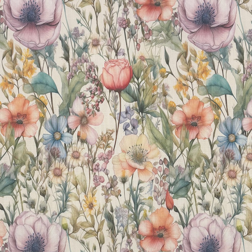 English Garden Multi floral linen curtain fabric with meadow flower design