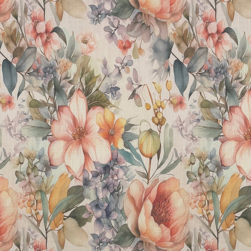 Flat sample of English Garden Peach linen curtain fabric for curtains and blinds