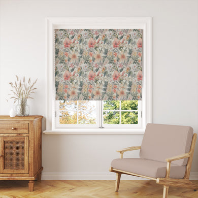Elegant English Garden Salmon linen curtain fabric with painterly blooms
