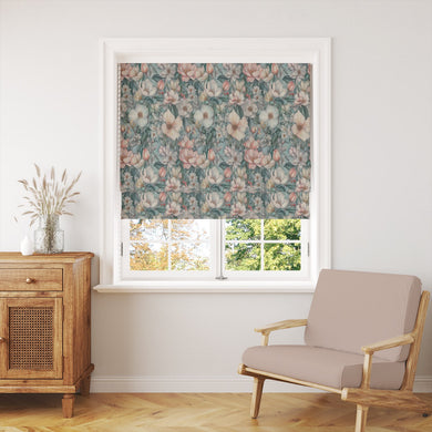 English Garden Verdigris floral linen curtain fabric with teal background