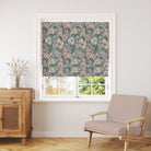 English Garden Verdigris floral linen curtain fabric with teal background