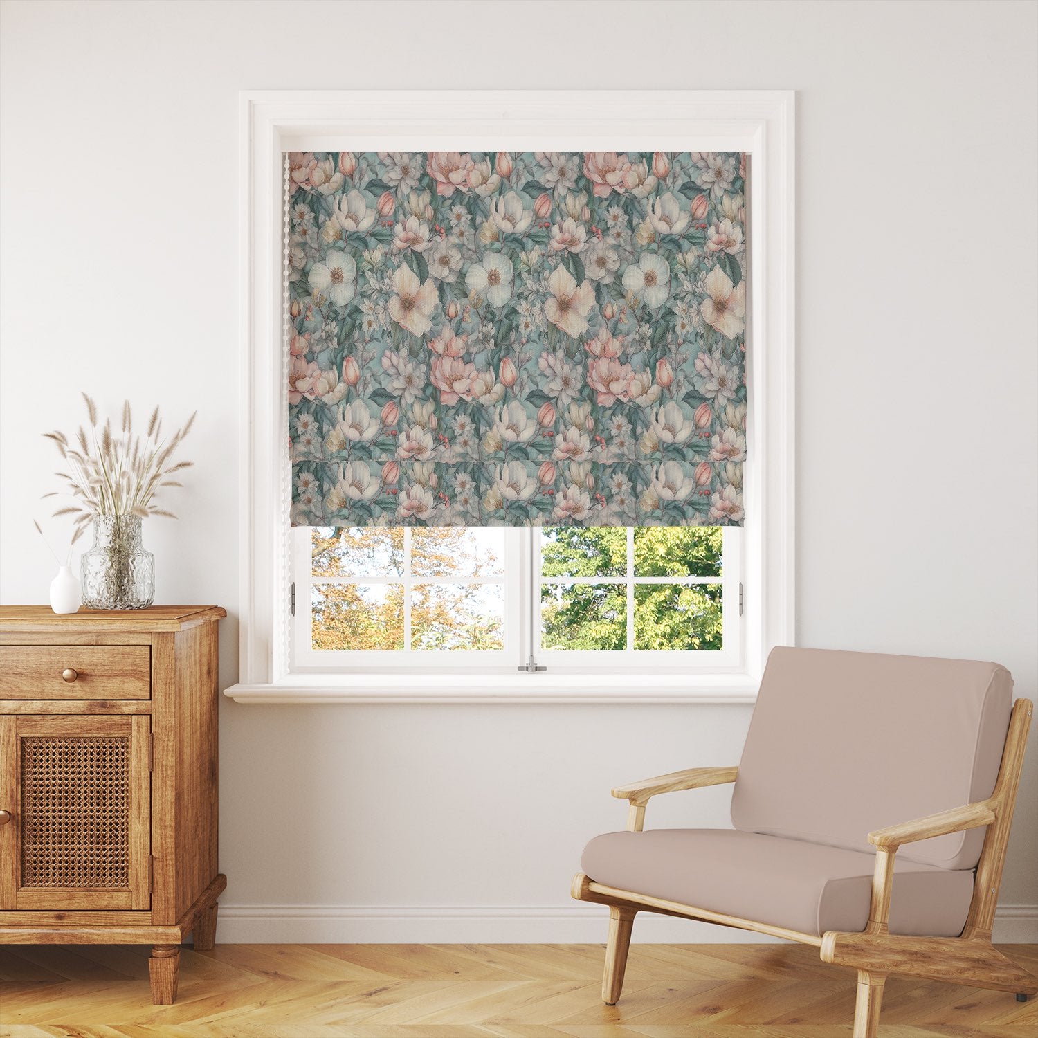 English Garden Verdigris floral linen curtain fabric with teal background