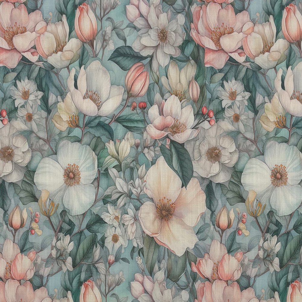Detailed image of English Garden Verdigris linen curtain fabric with white blossoms