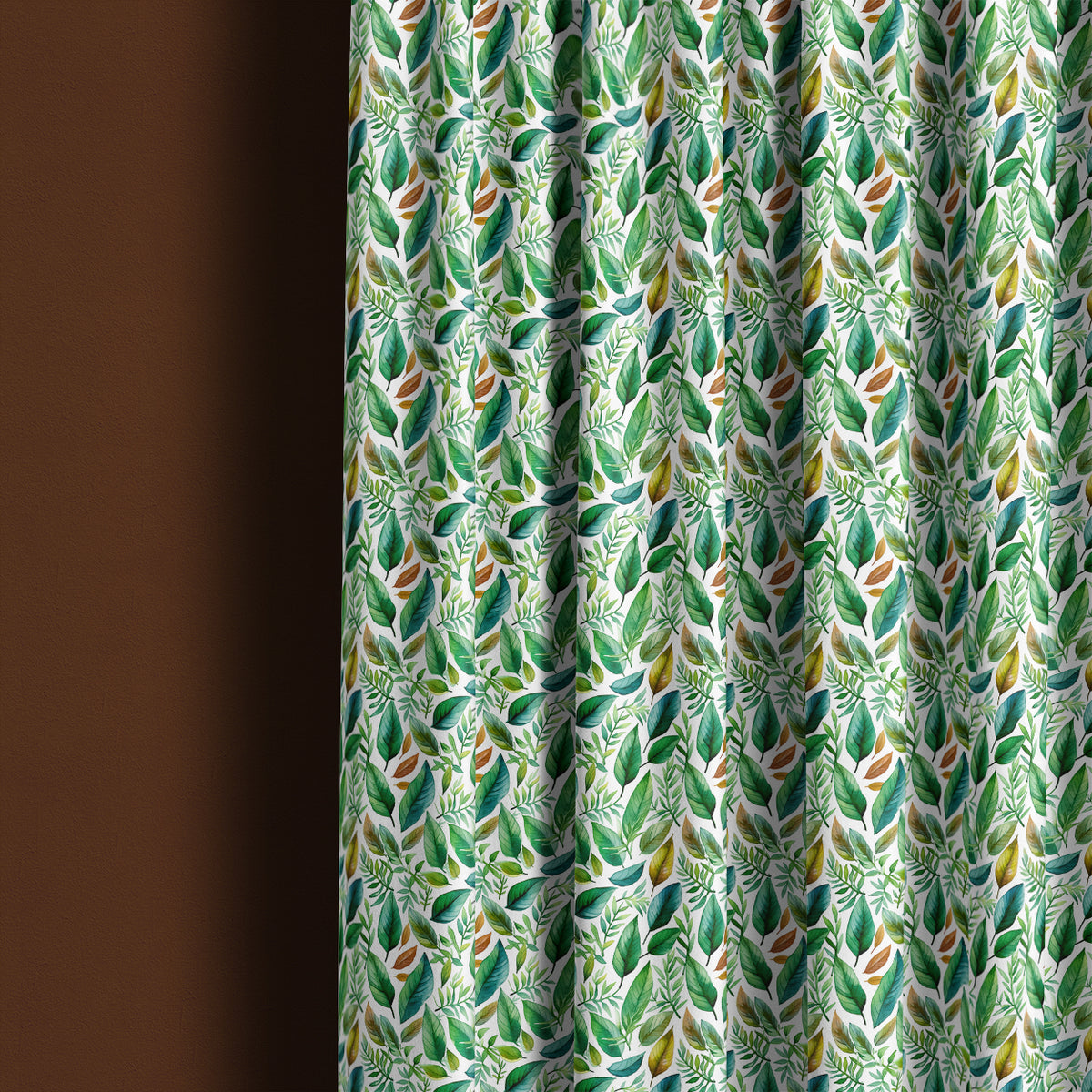 Ennerdale leaf fabric shown as green patterned curtains for a fresh nature-inspired room