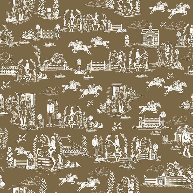 Brown equestrian toile curtain fabric featuring heritage horse and rural landscape motifs