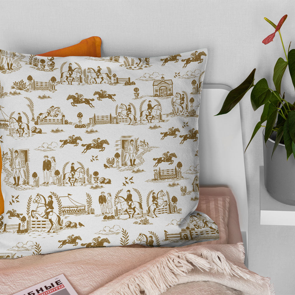 Brown and white horse toile curtain fabric made into a decorative country cushion
