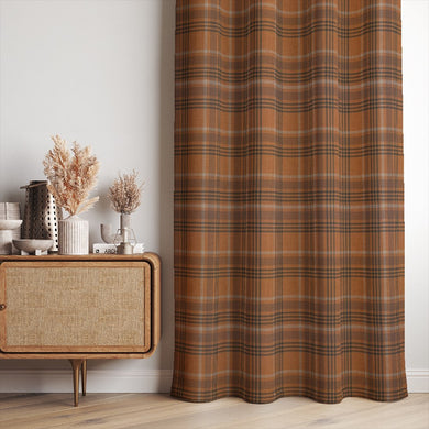Etive Linen Plaid Curtain Fabric styled as drapes in a mid-century modern interior