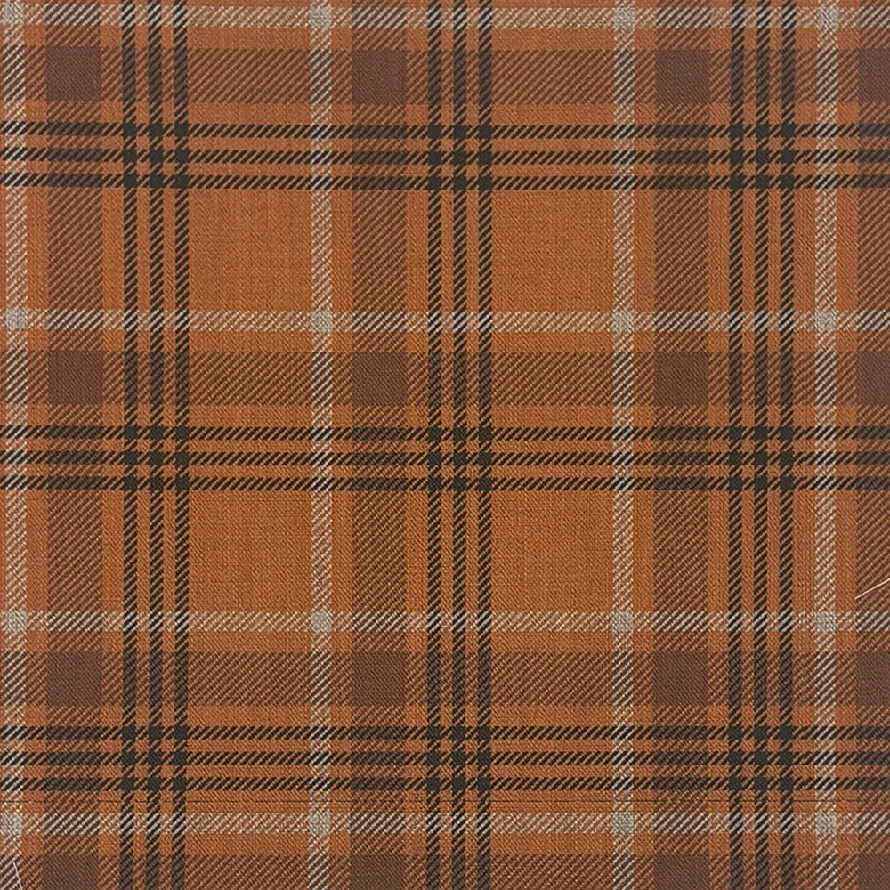 Close-up of Etive Linen Plaid Curtain Fabric in orange showing rustic plaid pattern