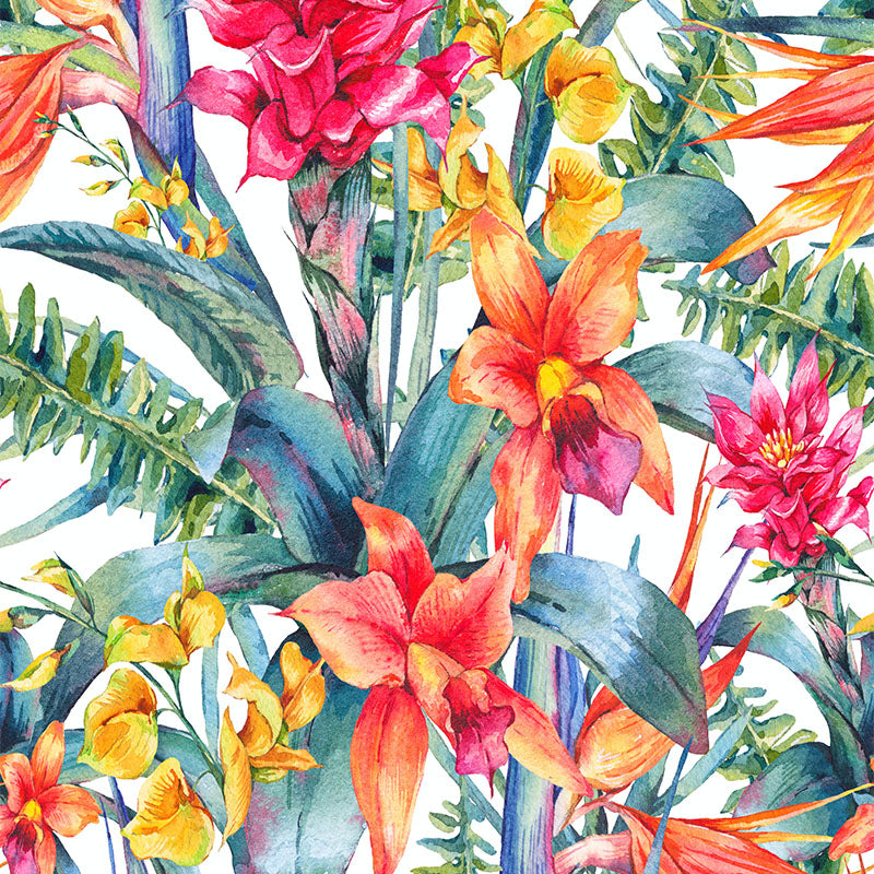 Exotic multicoloured tropical velvet fabric with vibrant orange, pink and yellow flowers among blue-green foliage