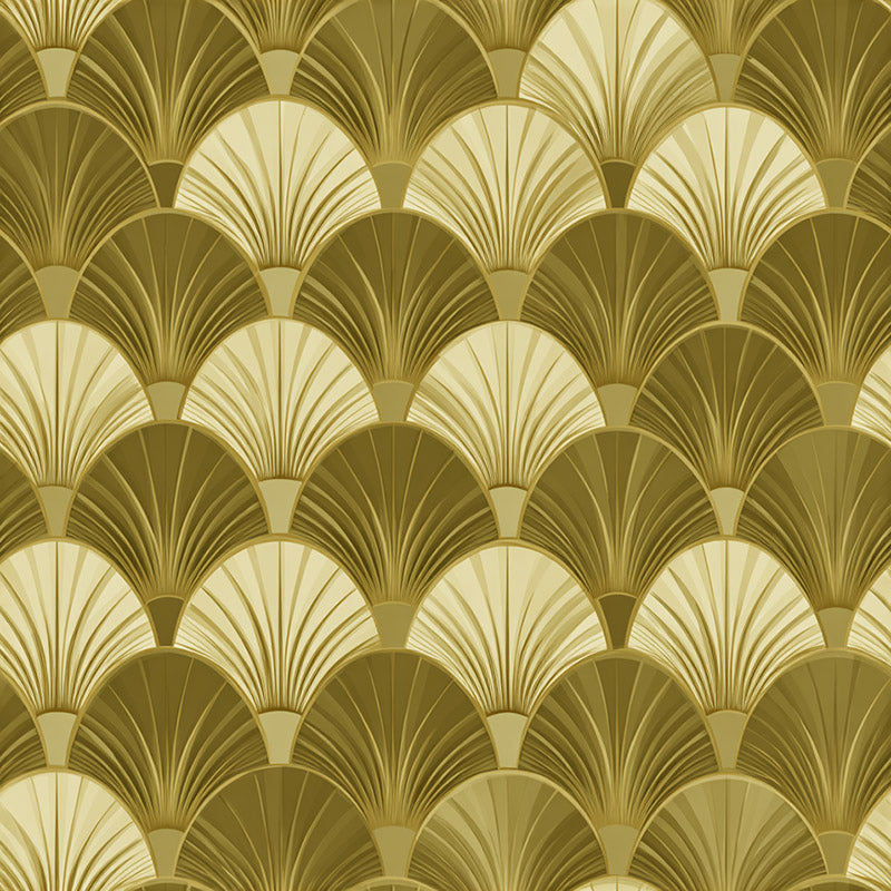 Golden geometric velvet upholstery fabric fan pattern close up