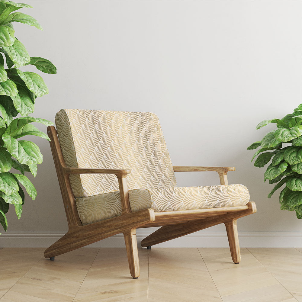 Gold art deco velvet upholstery fabric upholstered onto statement lounge chair