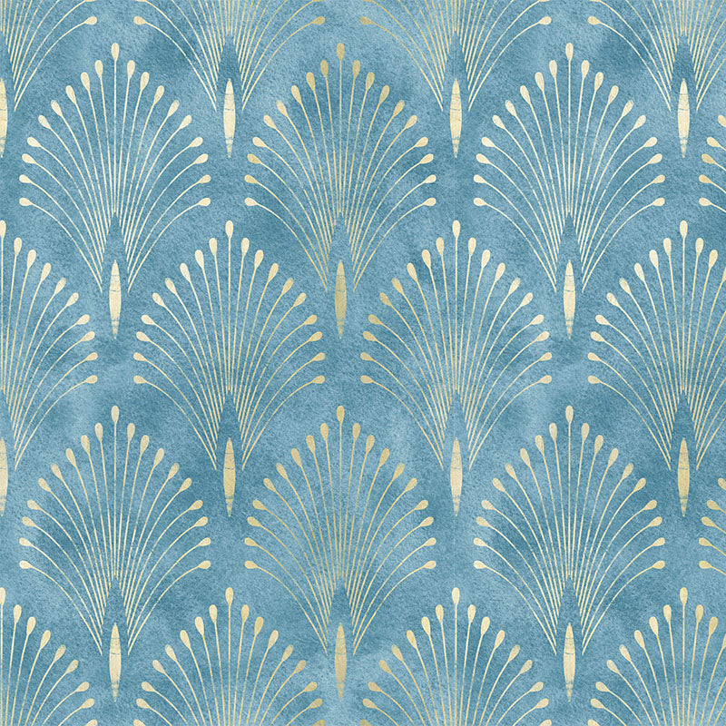 Feathercrest Azure blue Crib 5 velvet upholstery fabric flat image with Art Deco plume motif