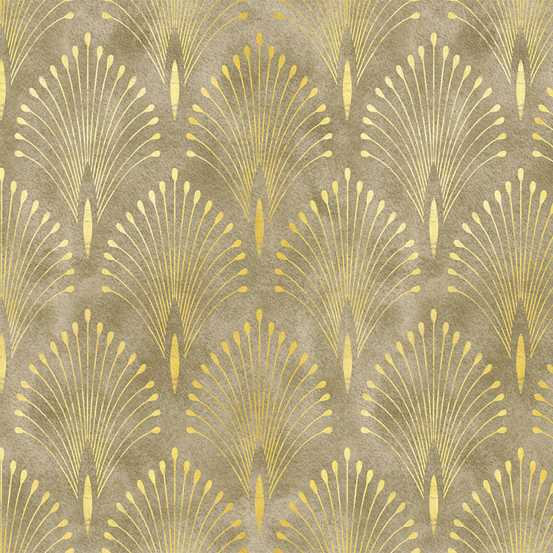 Feathercrest Gold Art Deco velvet fabric flat image with yellow gold fan and plume motif
