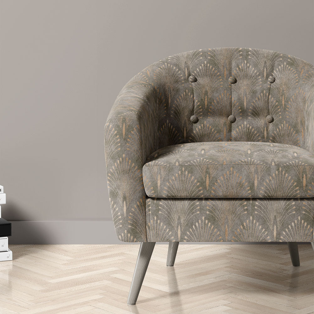 Feathercrest Stone fire retardant patterned velvet fabric upholstered on a chair