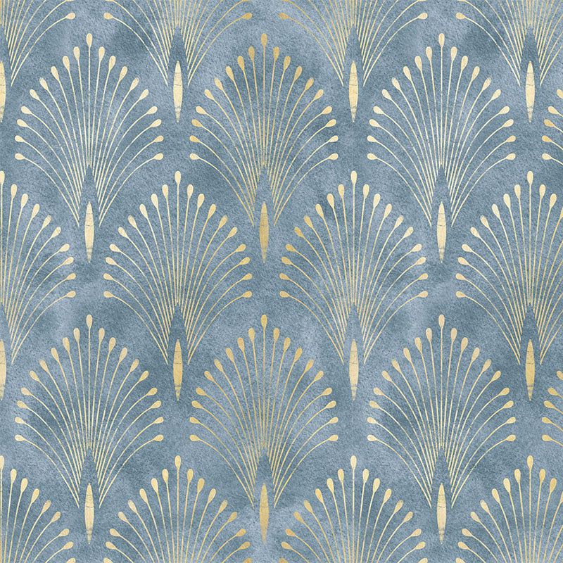 Feathercrest Wedgwood blue velvet fabric flat image with decorative Art Deco fan repeat
