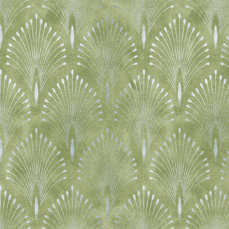Feathercrest Willow green velvet fabric flat image with refined feather crest Art Deco motif