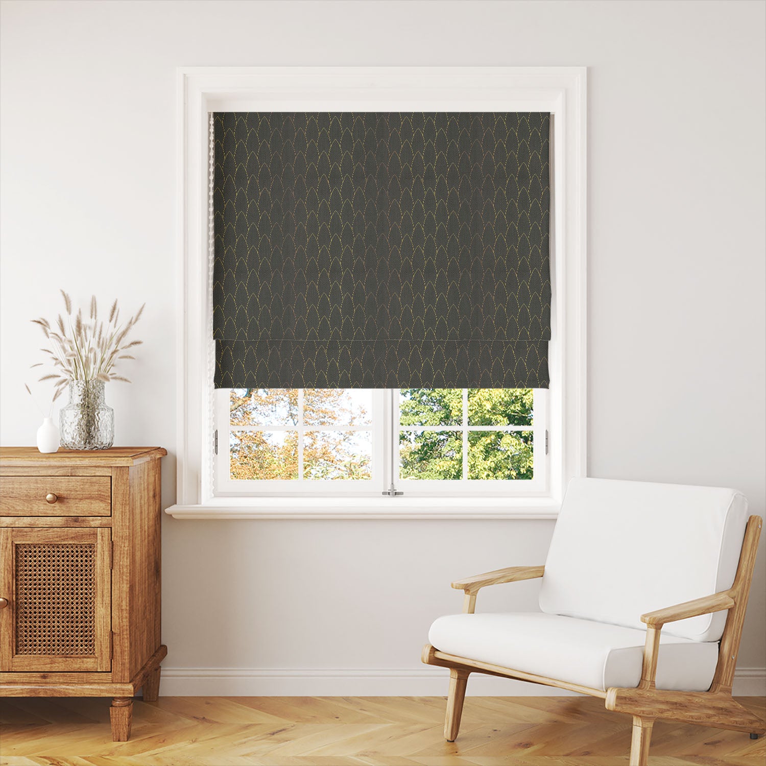 Luxury roman blind in ebony gold linen curtain fabric with fine feathered geometric design