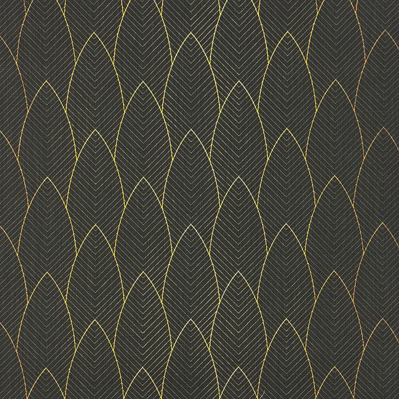 ebony gold printed upholstery fabric with intricate feather motif and layered metallic style linework