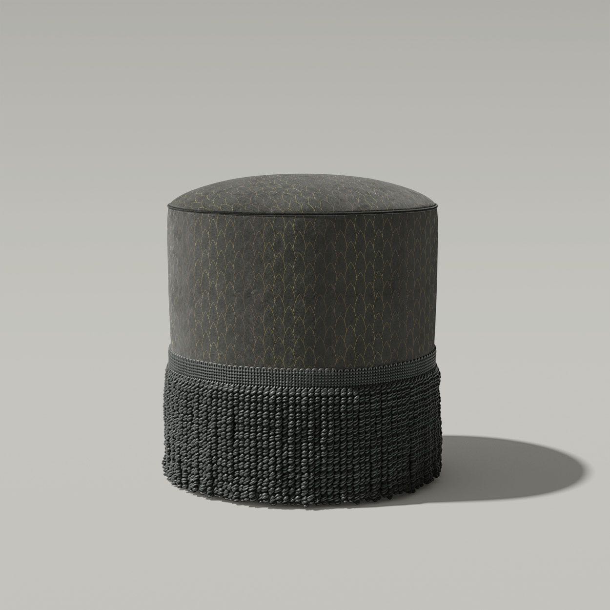 luxury ottoman upholstered in ebony gold feather pattern fabric with textured linear detailing