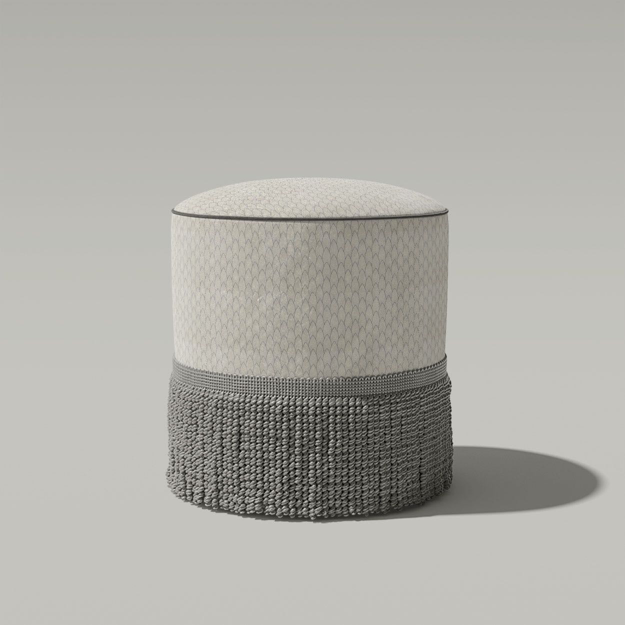 dark upholstered stool in noir feathered plume upholstery fabric with structured art deco pattern