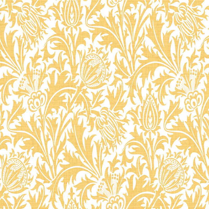 Mimosa yellow William Morris inspired velvet upholstery fabric with a trailing leaf repeat