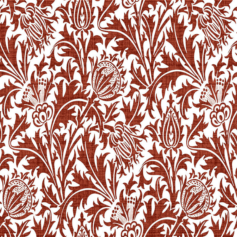 Oxblood William Morris inspired velvet upholstery fabric in a rich heritage red