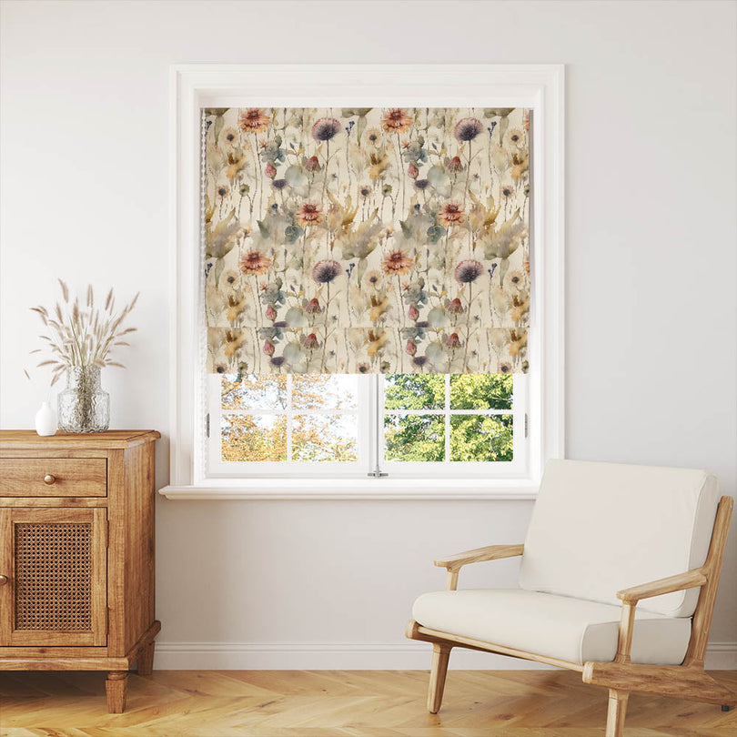 Fleur Linen Curtain Fabric - Ink hanging gracefully in a bedroom