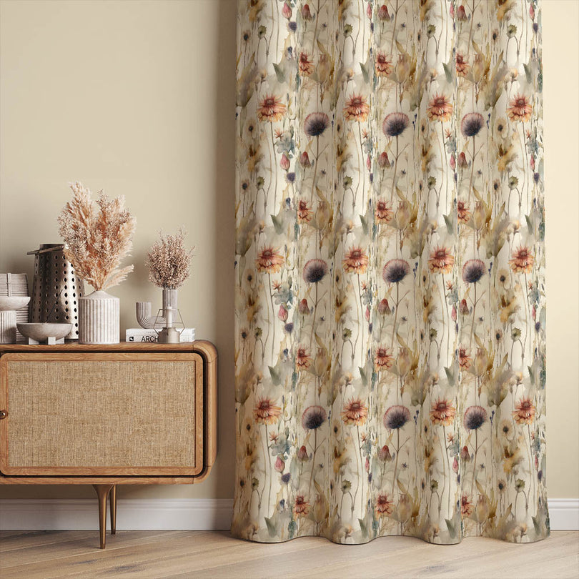 Elegant Fleur Linen Curtain Fabric - Ink in a living room setting