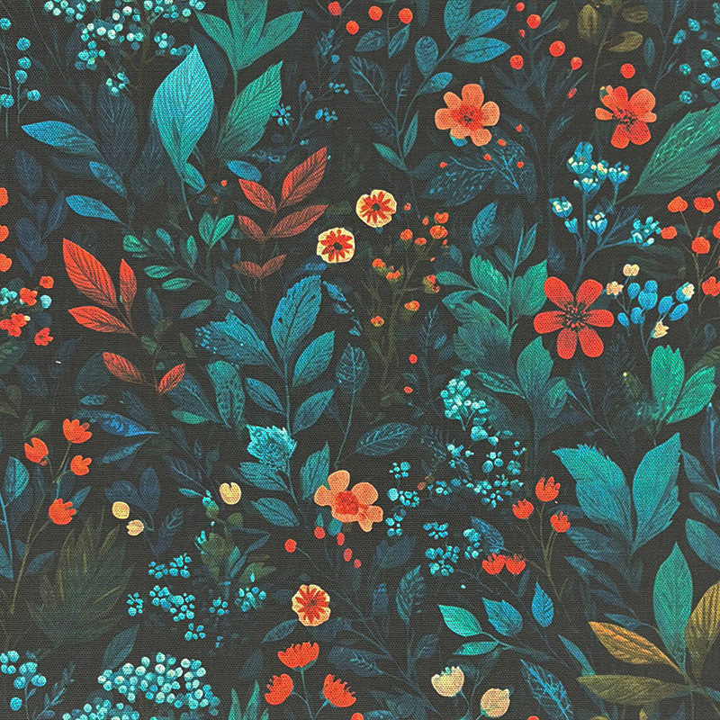 Leaf pattern curtain fabric in teal – cotton printed folk botanical and floral design