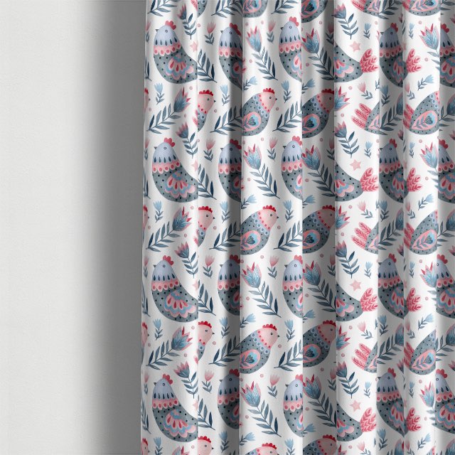 Grey Cotton Curtain Fabric featuring Rustic Folk Chickens Design