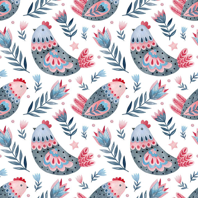 Folk Chickens Cotton Curtain Fabric in Grey with Vintage Farmhouse Design