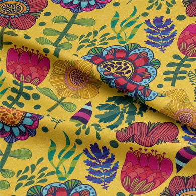 Close-up of Folk Flowers Cotton Curtain Fabric - Ochre, showcasing intricate floral design