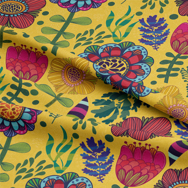 Close-up of Folk Flowers Cotton Curtain Fabric - Ochre, showcasing intricate floral design