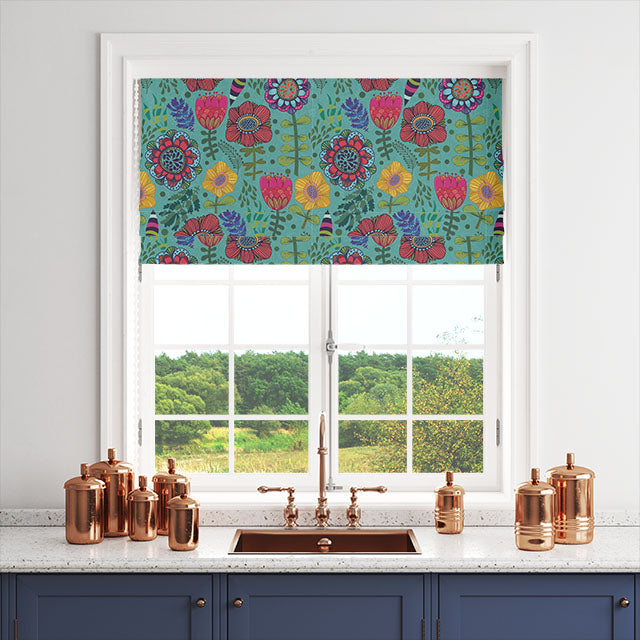 High-quality cotton curtain fabric with charming teal and floral design