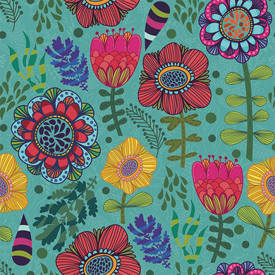 Folk Flowers Cotton Curtain Fabric in Teal, perfect for vintage decor